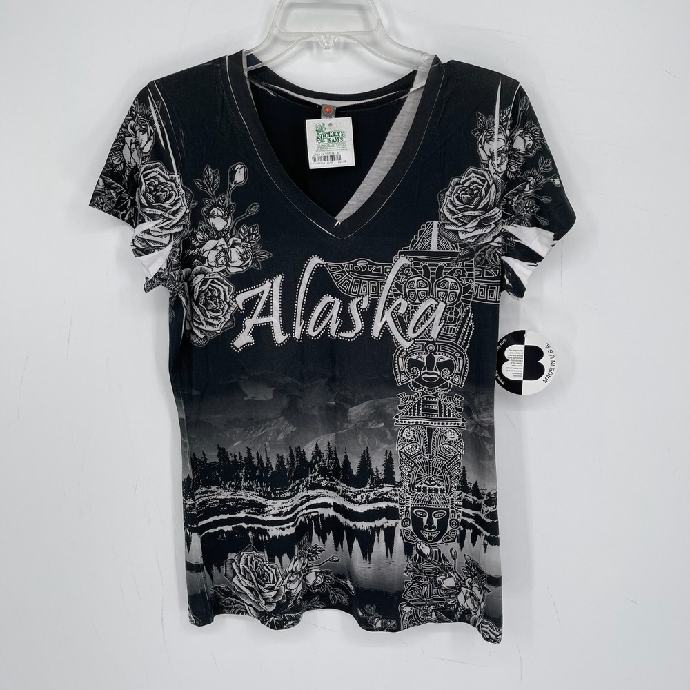 Big Bang NWT Women's Black Alaska Totem Pole Rhinestone Graphic Tee Size S
